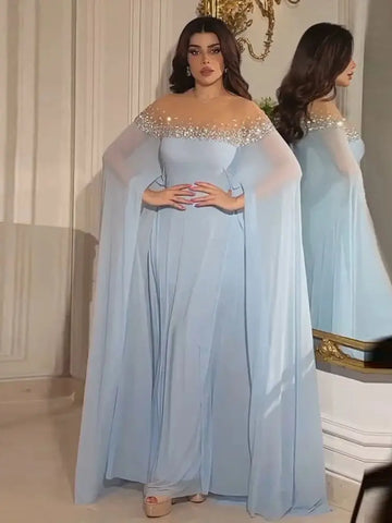 2025 Arabic Luxury Crystal Dubai A-Line Baby Blue Evening Dress with Elegant Kaftan for Formal Occasion LA72766