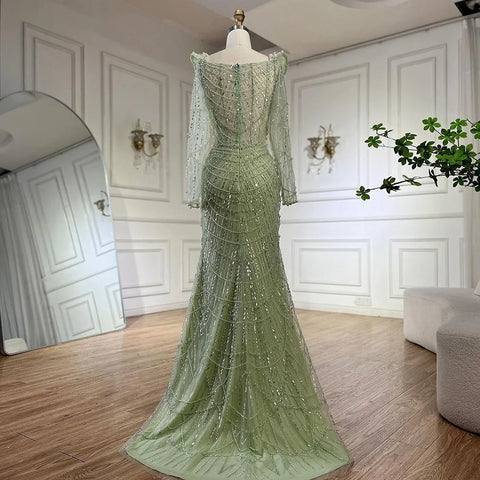 2025 Arabic Sage Green Sweetheart Mermaid Pearls Beaded Luxury Dubai Evening Gown for Women's Party LA72660