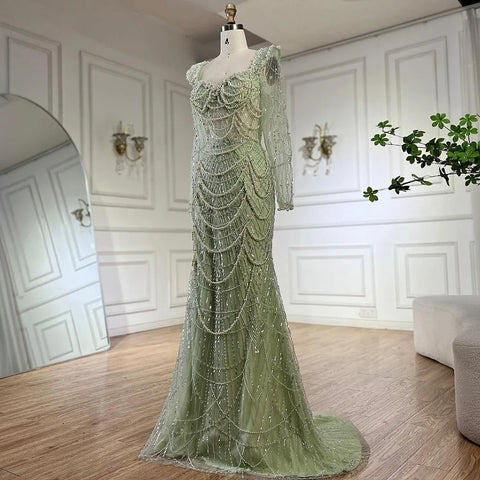 2025 Arabic Sage Green Sweetheart Mermaid Pearls Beaded Luxury Dubai Evening Gown for Women's Party LA72660