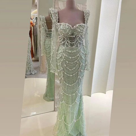 2025 Arabic Sage Green Sweetheart Mermaid Pearls Beaded Luxury Dubai Evening Gown for Women's Party LA72660