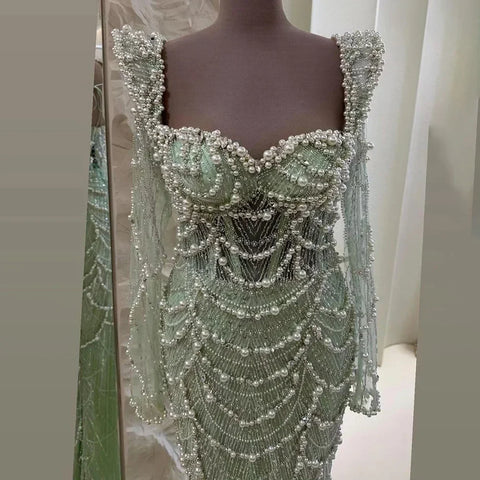 2025 Arabic Sage Green Sweetheart Mermaid Pearls Beaded Luxury Dubai Evening Gown for Women's Party LA72660