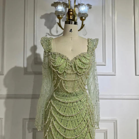 2025 Arabic Sage Green Sweetheart Mermaid Pearls Beaded Luxury Dubai Evening Gown for Women's Party LA72660
