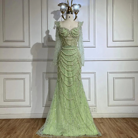 2025 Arabic Sage Green Sweetheart Mermaid Pearls Beaded Luxury Dubai Evening Gown for Women's Party LA72660