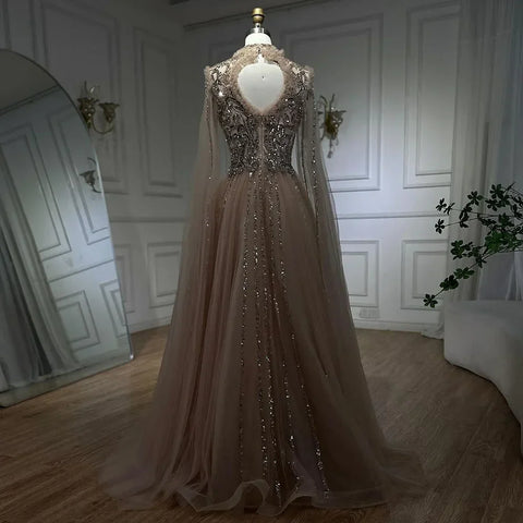 2025 Arabic Nude A Line Elegant Cape Sleeves Beaded Luxury Evening Dresses Gowns for Women Wedding Party LA72384