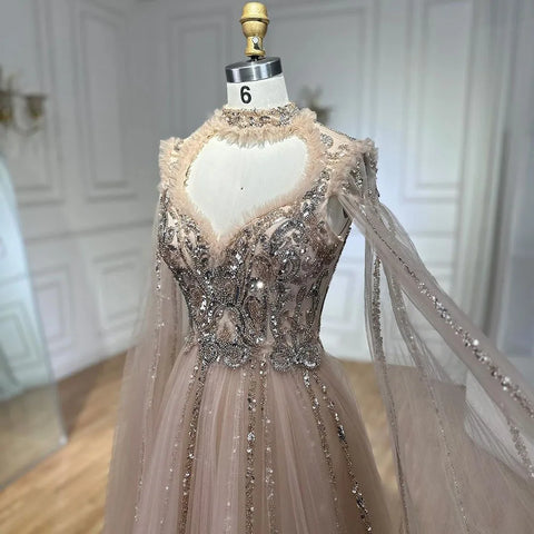 2025 Arabic Nude A Line Elegant Cape Sleeves Beaded Luxury Evening Dresses Gowns for Women Wedding Party LA72384