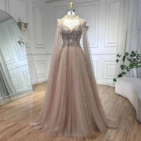 2025 Arabic Nude A Line Elegant Cape Sleeves Beaded Luxury Evening Dresses Gowns for Women Wedding Party LA72384