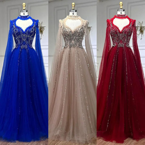 2025 Arabic Nude A Line Elegant Cape Sleeves Beaded Luxury Evening Dresses Gowns for Women Wedding Party LA72384