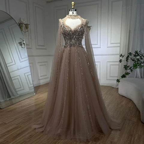 2025 Arabic Nude A Line Elegant Cape Sleeves Beaded Luxury Evening Dresses Gowns for Women Wedding Party LA72384