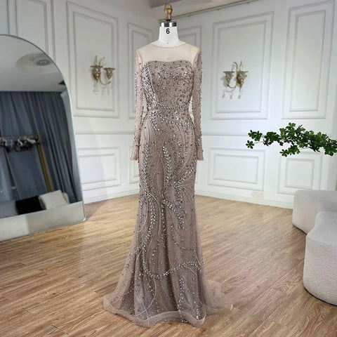 2025 Arabic Nude Elegant Mermaid Evening Gowns with Beaded Skirt Lace-Up for Women's Wedding Party LA72375