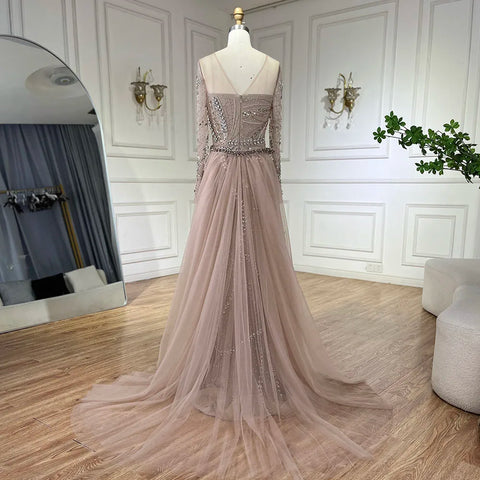 2025 Arabic Nude Elegant Mermaid Evening Gowns with Beaded Skirt Lace-Up for Women's Wedding Party LA72375