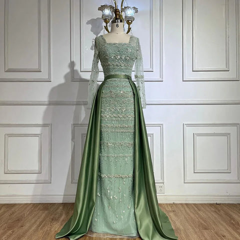 Luxury Dubai Arabic  Sage Green Mermaid Evening Dress Gowns  for  Party LA72126A
