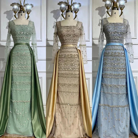 Luxury Dubai Arabic  Sage Green Mermaid Evening Dress Gowns  for  Party LA72126A