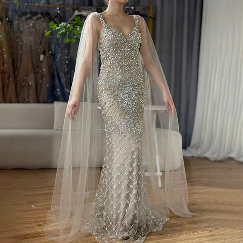 2025 Arabic Nude Mermaid Cape Sleeve Beaded Luxury Saudi Evening Gown for Formal Occasion LA72748