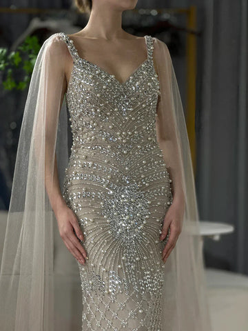 2025 Arabic Nude Mermaid Cape Sleeve Beaded Luxury Saudi Evening Gown for Formal Occasion LA72748