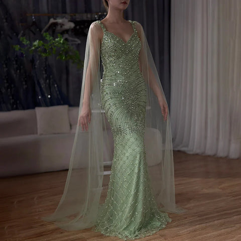 2025 Arabic Nude Mermaid Cape Sleeve Beaded Luxury Saudi Evening Gown for Formal Occasion LA72748