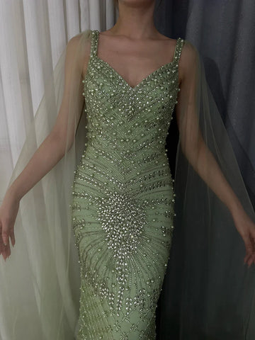 2025 Arabic Nude Mermaid Cape Sleeve Beaded Luxury Saudi Evening Gown for Formal Occasion LA72748