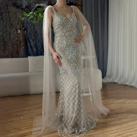 2025 Arabic Nude Mermaid Cape Sleeve Beaded Luxury Saudi Evening Gown for Formal Occasion LA72748