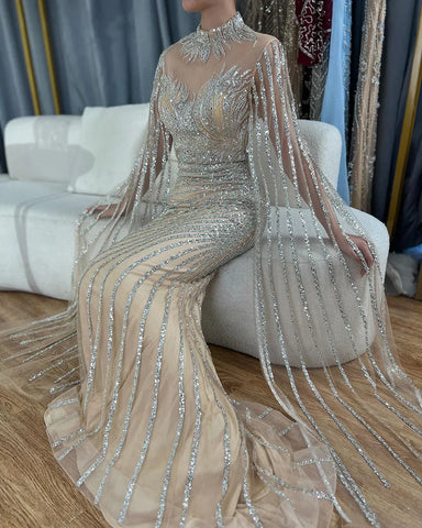 2025 Arabic Nude Mermaid Cape Sleeves Lace Beaded Long Evening Dresses Gowns for Formal Occasion LA71885B
