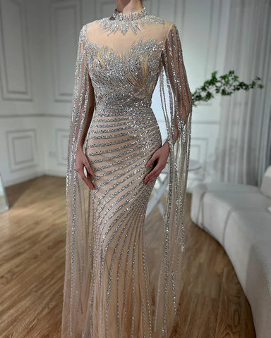 2025 Arabic Nude Mermaid Cape Sleeves Lace Beaded Long Evening Dresses Gowns for Formal Occasion LA71885B
