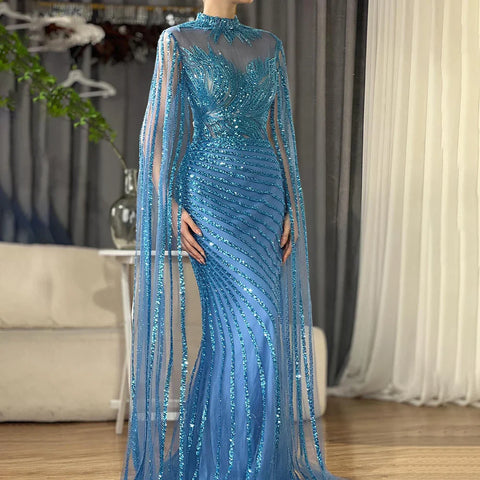 2025 Arabic Nude Mermaid Cape Sleeves Lace Beaded Long Evening Dresses Gowns for Formal Occasion LA71885B