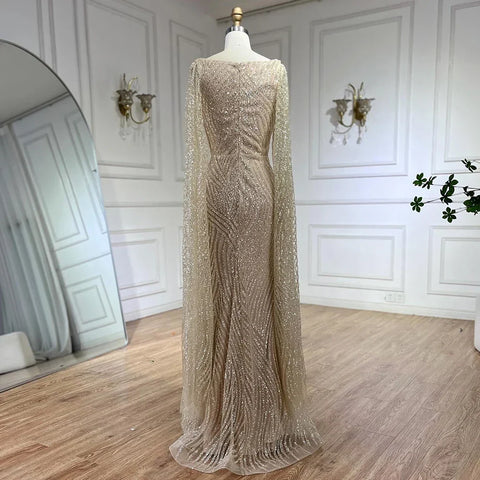 2025 Arabic Nude Mermaid Elegant Cape Sleeves Beaded Luxury Evening Dresses Gowns for Women Wedding Party LA72320