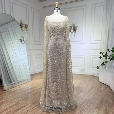2025 Arabic Nude Mermaid Elegant Cape Sleeves Beaded Luxury Evening Dresses Gowns for Women Wedding Party LA72320