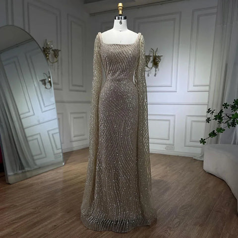 2025 Arabic Nude Mermaid Elegant Cape Sleeves Beaded Luxury Evening Dresses Gowns for Women Wedding Party LA72320