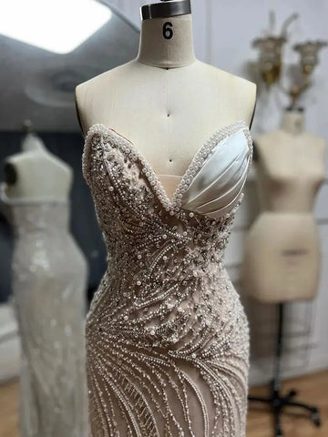 2025 Arabic White Nude Mermaid Gown Pearls Beaded Luxury Saudi Evening Dress for Formal Occasion LA72712