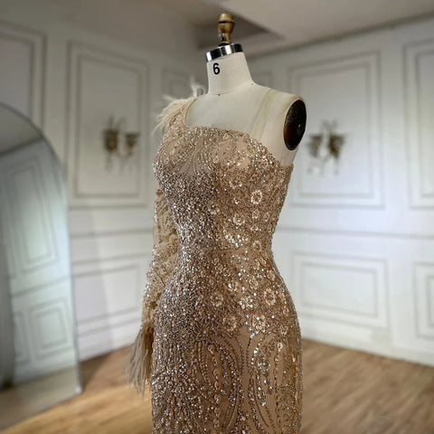 2025 Arabic Nude One Shoulder Beaded Feathers Luxury Dubai Evening Gowns for Women's Party LA72546A