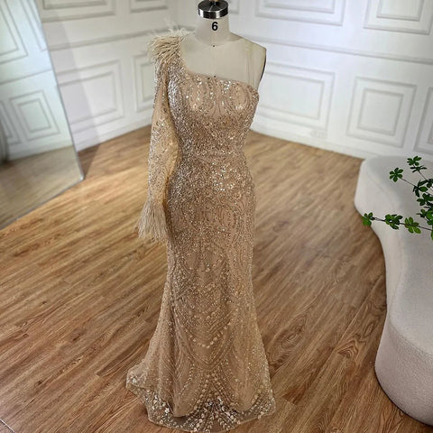 2025 Arabic Nude One Shoulder Beaded Feathers Luxury Dubai Evening Gowns for Women's Party LA72546A