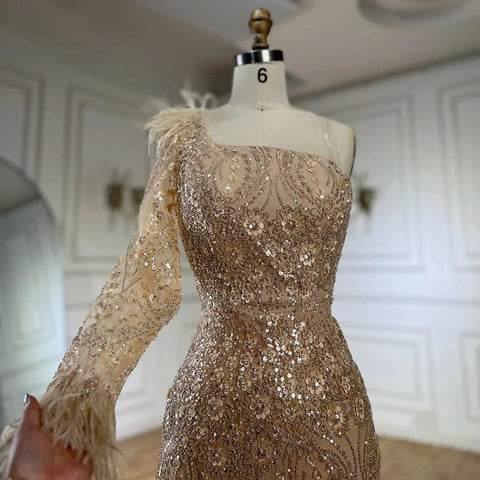 2025 Arabic Nude One Shoulder Beaded Feathers Luxury Dubai Evening Gowns for Women's Party LA72546A
