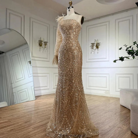 2025 Arabic Nude One Shoulder Beaded Feathers Luxury Dubai Evening Gowns for Women's Party LA72546A