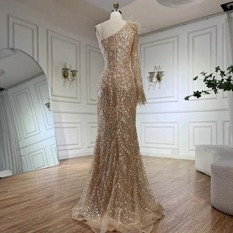 2025 Arabic Nude One Shoulder Beaded Feathers Luxury Dubai Evening Gowns for Women's Party LA72546A