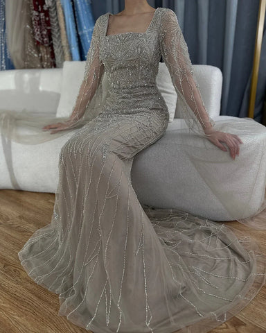 2025 Arabic Nued Cape Sleeves Mermaid Saudi Evening Dresses Beaded Luxury Party Gowns for Formal Occasion LA72261B