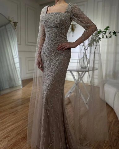 2025 Arabic Nued Cape Sleeves Mermaid Saudi Evening Dresses Beaded Luxury Party Gowns for Formal Occasion LA72261B