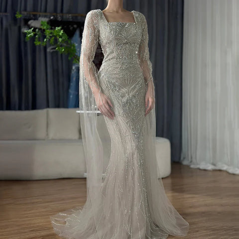 2025 Arabic Nued Cape Sleeves Mermaid Saudi Evening Dresses Beaded Luxury Party Gowns for Formal Occasion LA72261B