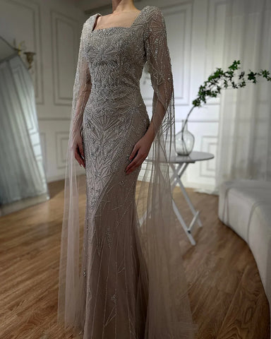 2025 Arabic Nued Cape Sleeves Mermaid Saudi Evening Dresses Beaded Luxury Party Gowns for Formal Occasion LA72261B