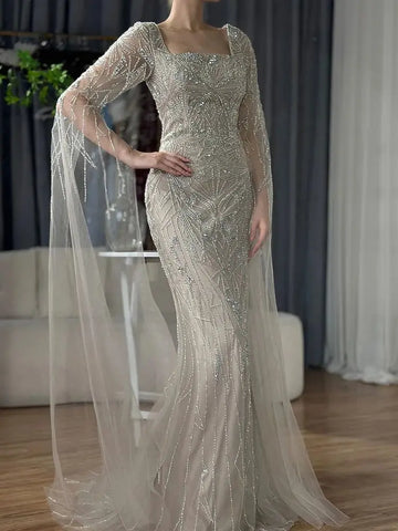 2025 Arabic Nued Cape Sleeves Mermaid Saudi Evening Dresses Beaded Luxury Party Gowns for Formal Occasion LA72261B