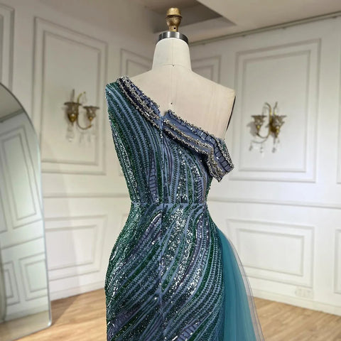 2025 Arabic One-Shoulder High Split Blue Mermaid Gown Luxury Beaded Saudi Evening Dress for Formal Occasion LA72718
