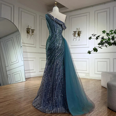 2025 Arabic One-Shoulder High Split Blue Mermaid Gown Luxury Beaded Saudi Evening Dress for Formal Occasion LA72718