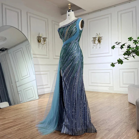 2025 Arabic One-Shoulder High Split Blue Mermaid Gown Luxury Beaded Saudi Evening Dress for Formal Occasion LA72718