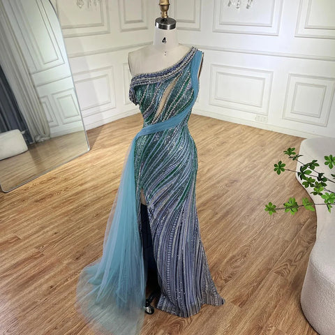2025 Arabic One-Shoulder High Split Blue Mermaid Gown Luxury Beaded Saudi Evening Dress for Formal Occasion LA72718