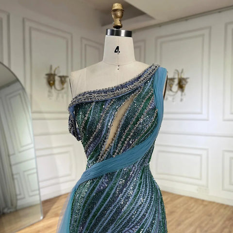 2025 Arabic One-Shoulder High Split Blue Mermaid Gown Luxury Beaded Saudi Evening Dress for Formal Occasion LA72718
