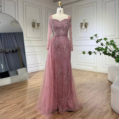 2025 Arabic Pink Elegant Mermaid Gowns with Luxury Beaded Overskirt for Women Wedding Party LA72441