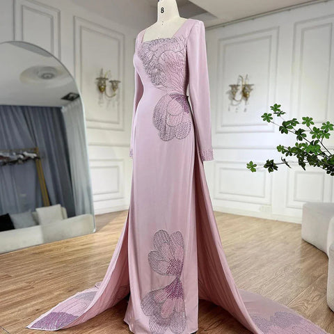 2025 Arabic Pink Mermaid Elegant Beaded Satin Luxury Dubai Evening Dresses Gowns For Women Party LA72001A