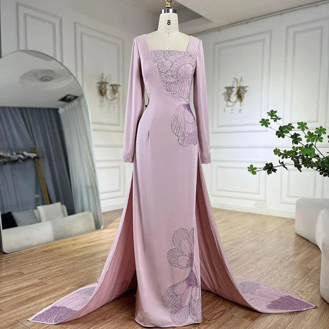 2025 Arabic Pink Mermaid Elegant Beaded Satin Luxury Dubai Evening Dresses Gowns For Women Party LA72001A