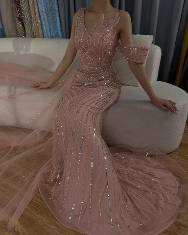 2025 Arabic Pink Mermaid Elegant One Shoulder Beaded Long Evening Dresses Gowns for Formal Occasion LA72662A