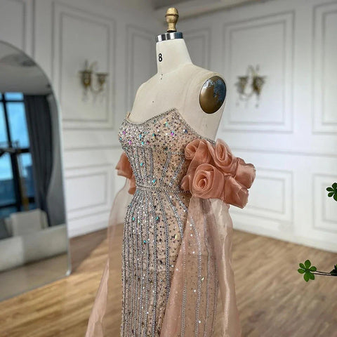 2025 Arabic Pink Strapless Beaded Mermaid Evening Gown Vintage Half Puff Sleeve Dress for Women's Party LA72569