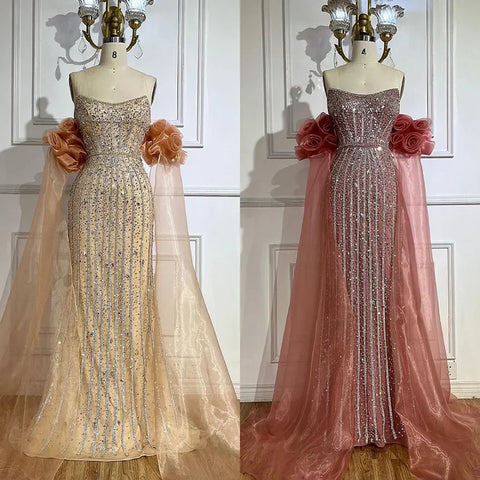 2025 Arabic Pink Strapless Beaded Mermaid Evening Gown Vintage Half Puff Sleeve Dress for Women's Party LA72569