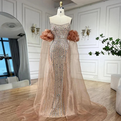 2025 Arabic Pink Strapless Beaded Mermaid Evening Gown Vintage Half Puff Sleeve Dress for Women's Party LA72569